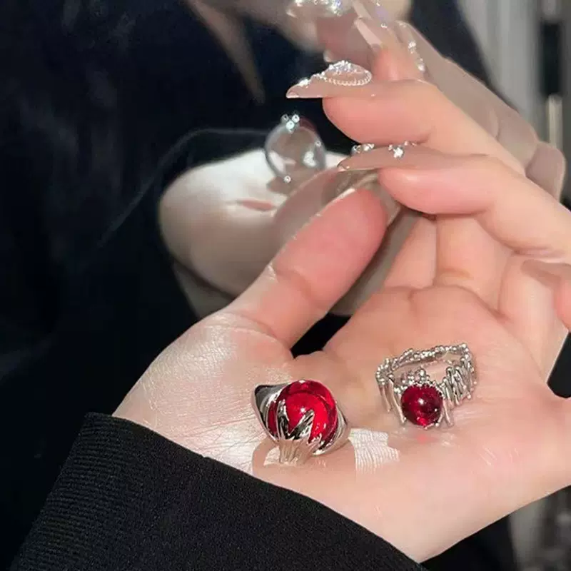 跨境不规则红石开口戒指女小众设计潮ins冷淡风感指环时尚食指戒