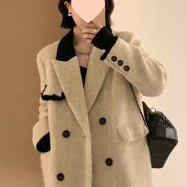 小香风西装领撞色呢子风衣女小个子设计感别致双排扣毛呢外套大衣