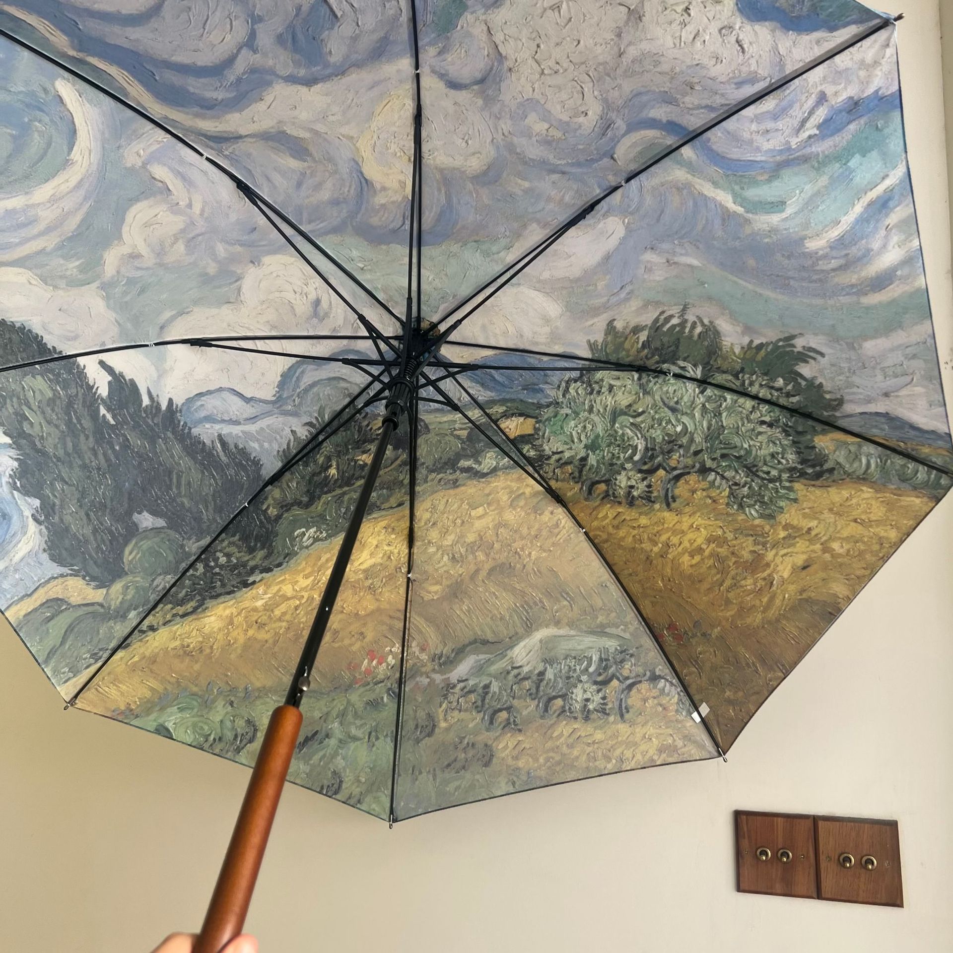 Nuevo paraguas de mango largo de pintura al óleo, paraguas de barra recta automática, refuerzo de resistencia al viento, paraguas de mango recto de pintura al óleo, paraguas de regalo publicitario