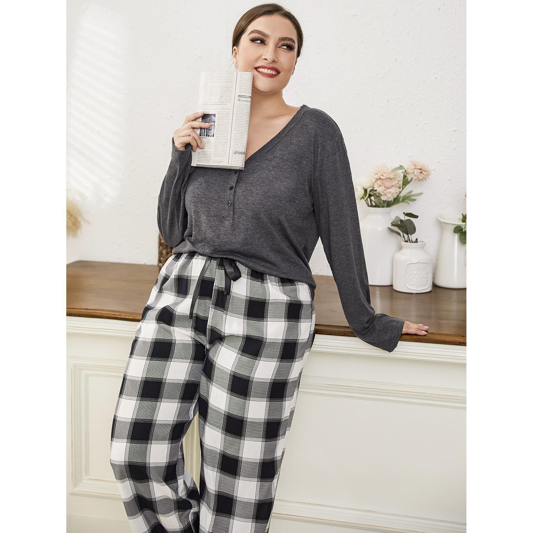 Large size pajamas for women's autumn and winter loose fitting casual chubby mm long sleeved pants home clothing set_voghion.com