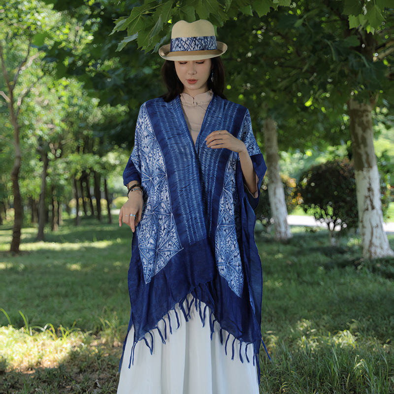 Nueva Yunnan retro tie-teñido borla bufanda estilo étnico viajes protección solar exterior chal artístico todo-fósforo cardigan para las mujeres