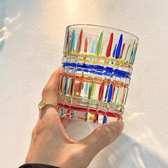 屈折虹光中古カップイタリアblingキラキラ手描きブロック格子編みガラスコップ