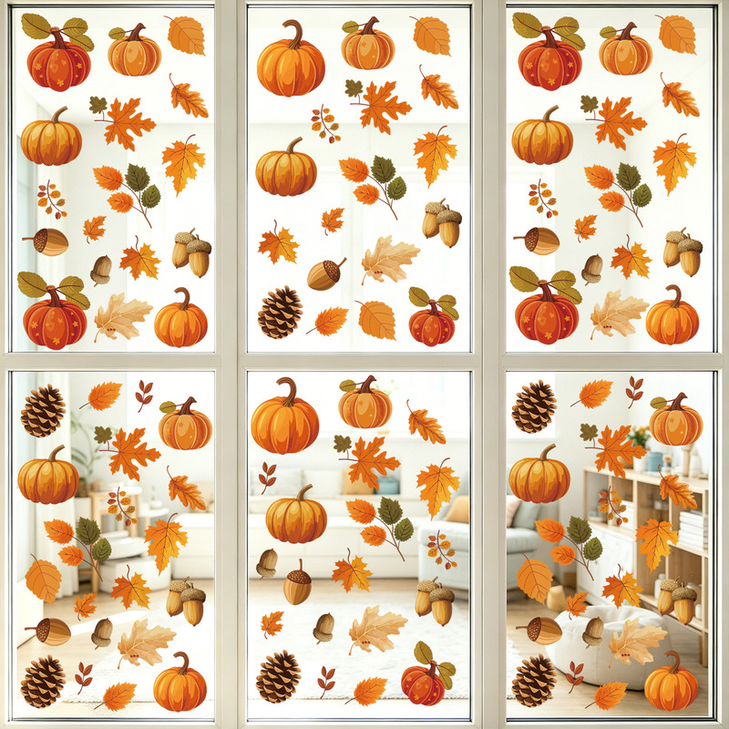Pumpkin, autumn leaves, and flower wall stickers, electrostatic stickers for glass, double-sided visible decorative wall decals, privacy protection Pumpkin, autumn leaves, and flower wall stickers, electrostatic stickers for glass, double-sided visible decorative wall decals, privacy protection