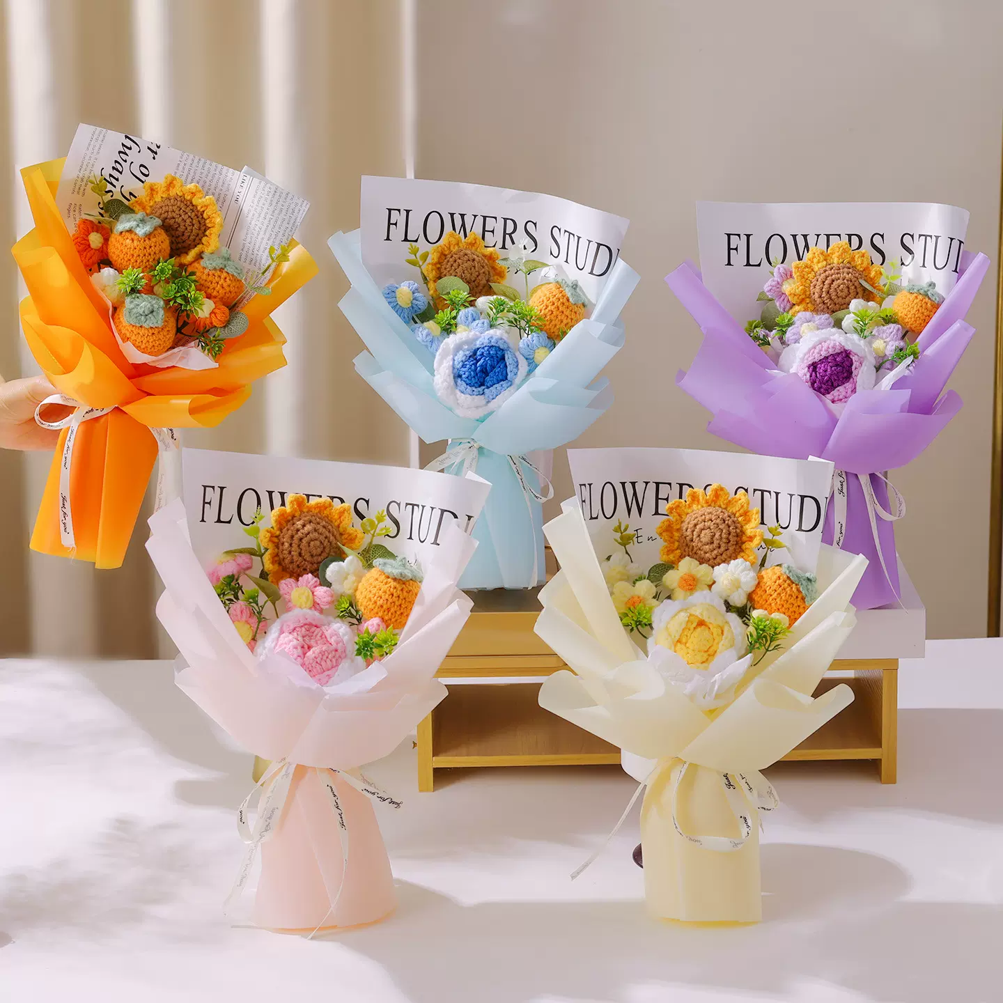 永生花仿真花手工向日葵生日礼物送女生编织毛线玫瑰柿子成品花束