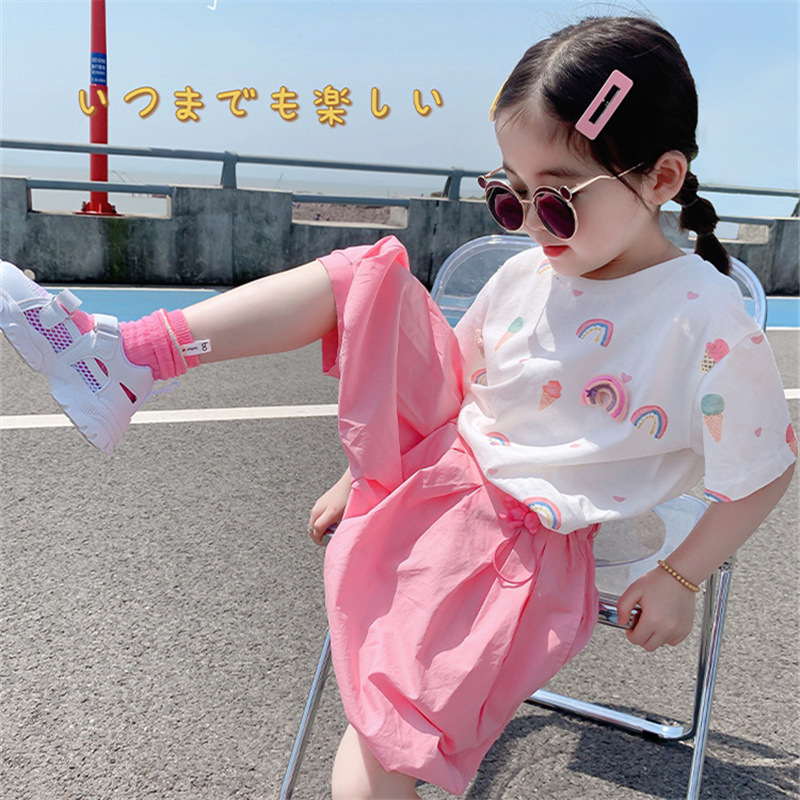 Girls' short sleeve T-shirt set summer net red middle and small children's foreign children's Harlan pants casual two piece set summer