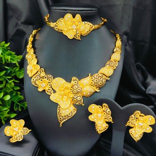 Jewelry, golden necklace and earrings for bride, bracelet, ring, 24 carat, diamond encrusted