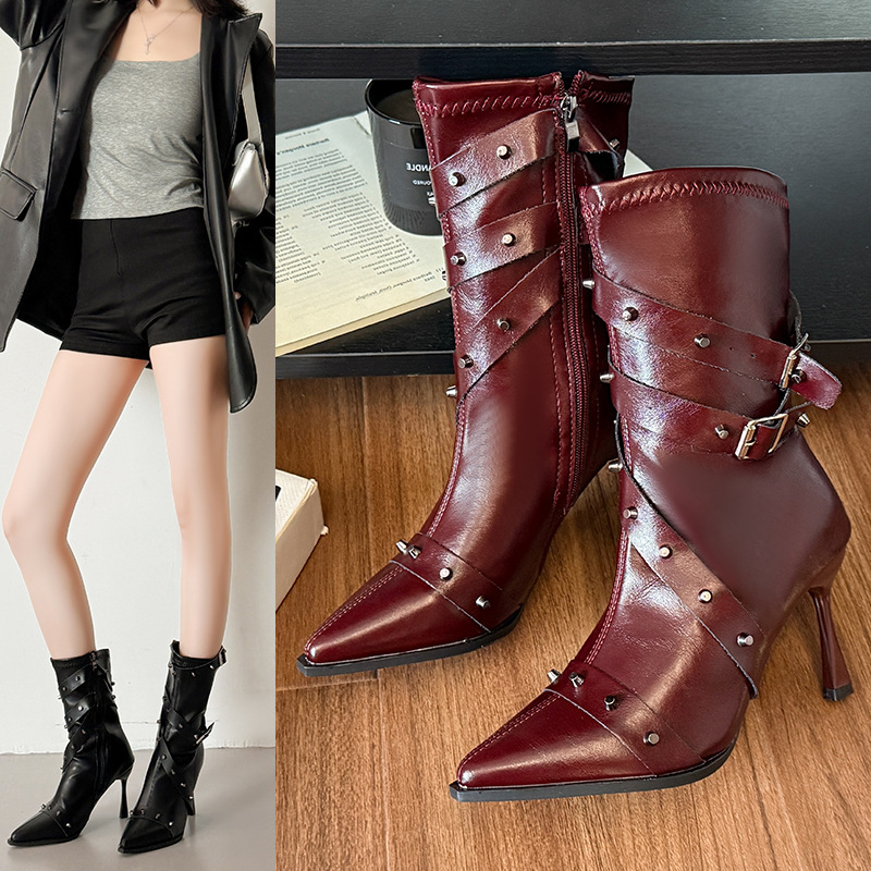 Sexy Pointed Toe High Heels Rivet Design Stiletto Short Boots for Women 2025 New European and American Trendyy Short Fashion Boots for Women Sexy Pointed Toe High Heels Rivet Design Stiletto Short Boots for Women 2025 New European and American Trendyy Short Fashion Boots for Women