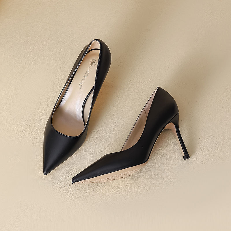 Sheepskin Pointed Toe Black High Heels Autum 2024 New Fashion Stiletto Shoes Comfortable Professional Office Work Ol