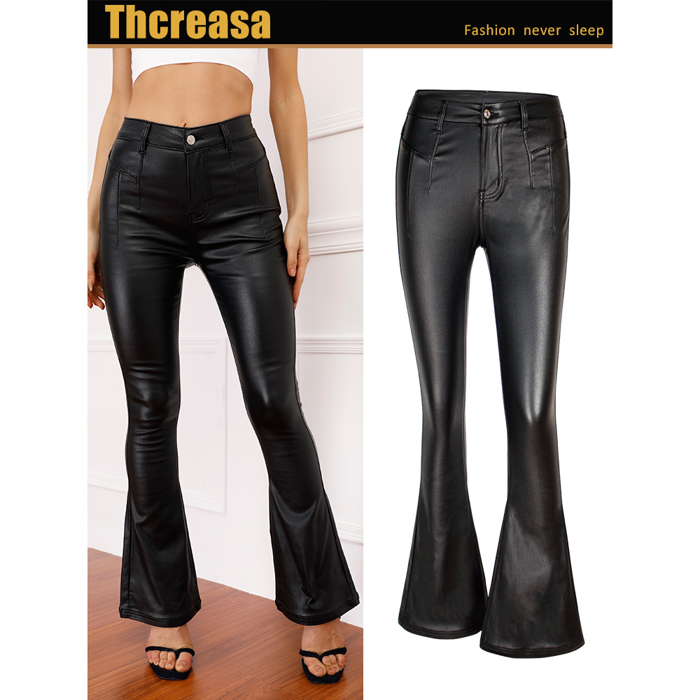 ebay European and American women's PU leather pants autumn and winter black high waist sanding bottom imitation leather pants wide-legged pants flared pants for women