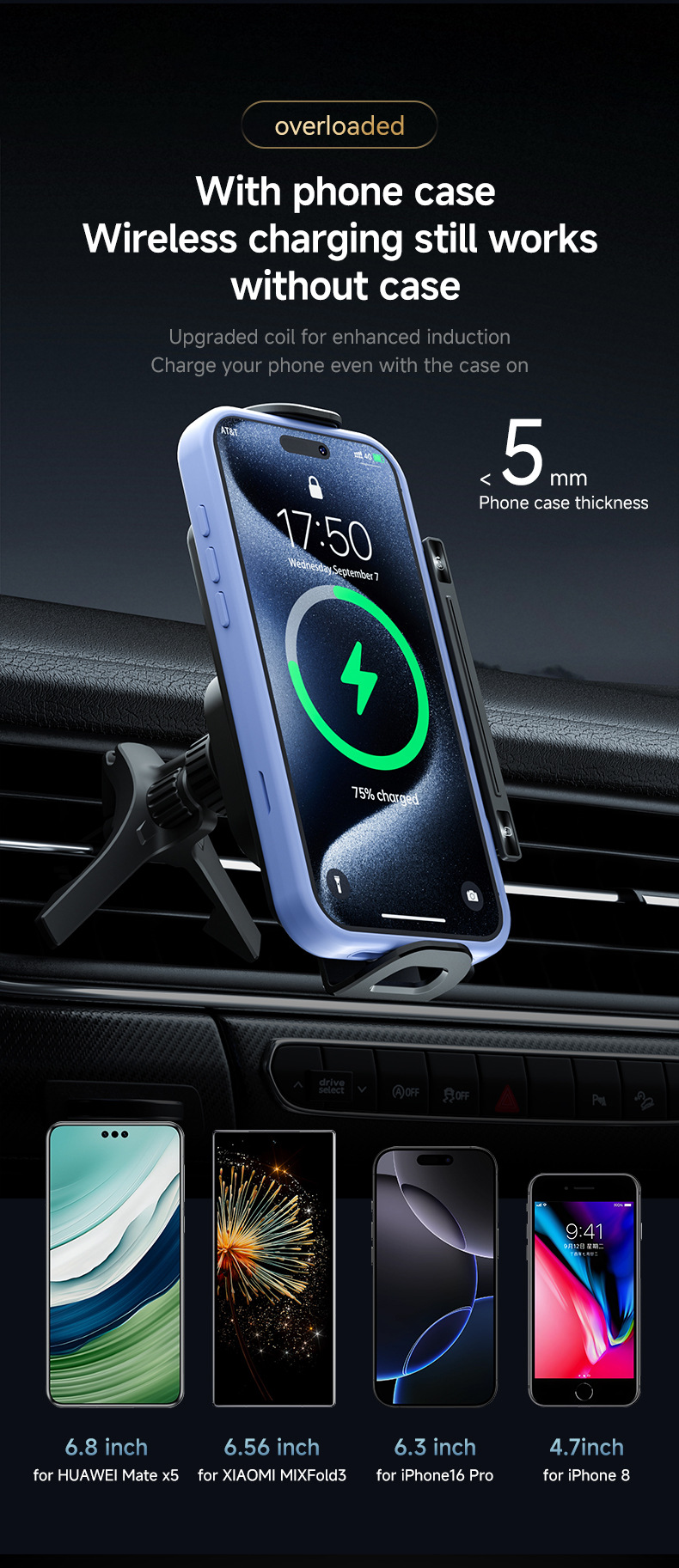 Car Mount Wireless Charger Suitable for Huawei and Samsung Phones with Foldable Screens, Dedicated Rotating Navigation Magnetic Mount