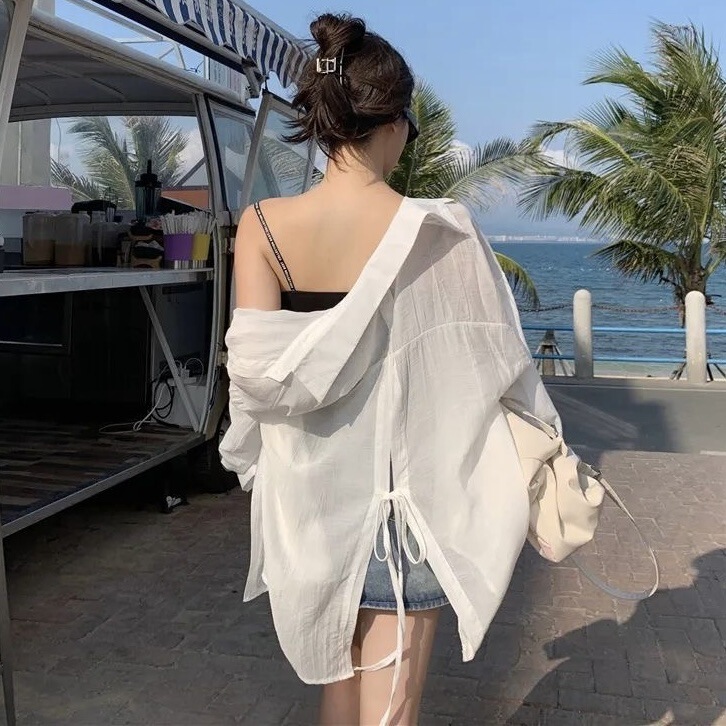 Spring and Summer Sun Protection Clothing Women's Korean-style Backless Design Niche Shirt Long-sleeved Loose Ins Thin Cardigan Jacket