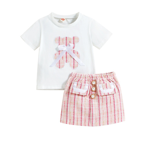 Baoxin children's clothing summer foreign trade new style small and medium-sized girls bear bow T-shirt small fragrant skirt two-piece set