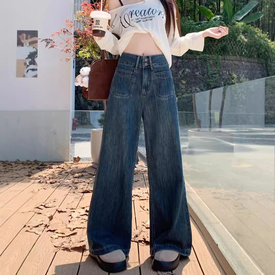 2025 봄과 가을 새로운 슬림 넓은 다리 바지 패션 모든 경기 캐주얼 높은 허리 느슨한 슬림 데님 바지