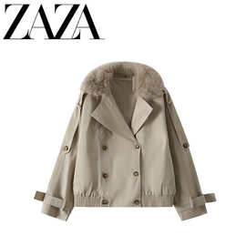 ZAZA 自制欧美风 批发女装 时尚百搭毛领宽松短款风衣女3811243