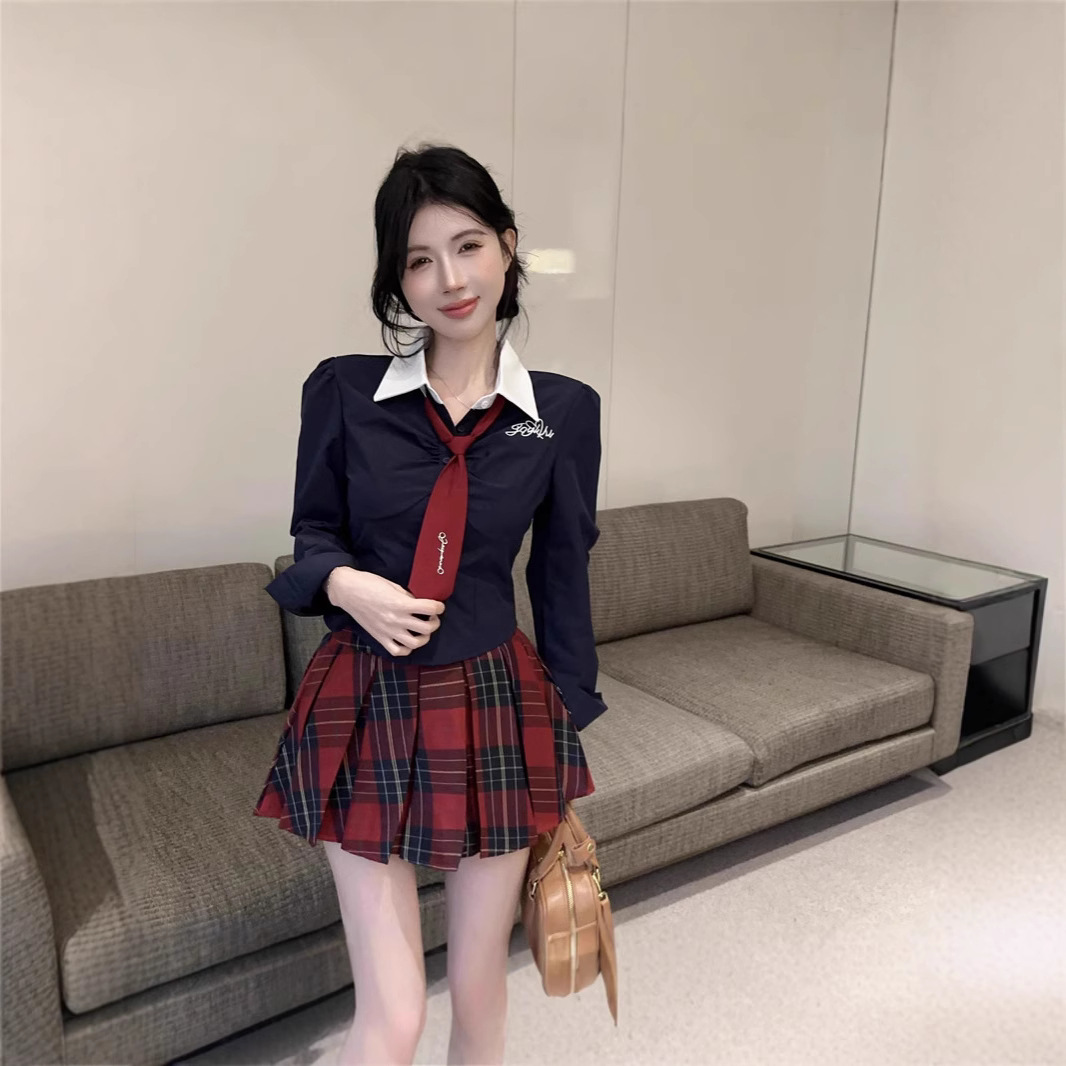 새로운 대학 스타일 JK 세트 달콤하고 뜨거운 긴 소매 넥타이 탑 높은 허리 격자 무늬 주름 치마 유니폼 2 피스 세트