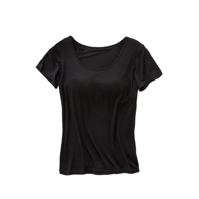 Short-Sleeved T-Shirt for Women, Modal Fabric, Integrated Bra with Padding, Solid Color, Round Neck Activewear, Can Be Worn Outside