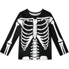2026新款万圣节骷髅长袖T恤黑白3D印花肋骨骨架男女童搞怪派对