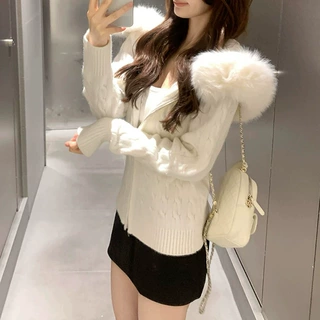 韩系简约小清新连帽麻花针织衫外套女秋冬新款加厚大毛领毛衣开衫