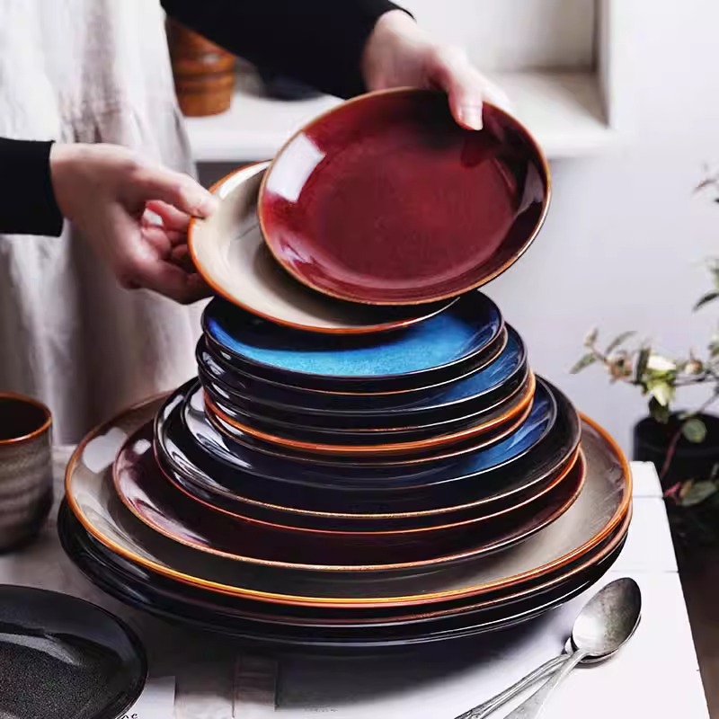 跨境复古创意窑变陶瓷沙拉盘圆形浅盘平盘酒店餐厅西餐牛排盘家用