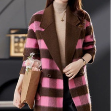高货尾单高级感西装领驼绒大衣双面呢羊毛女装外套格子粉色显年轻