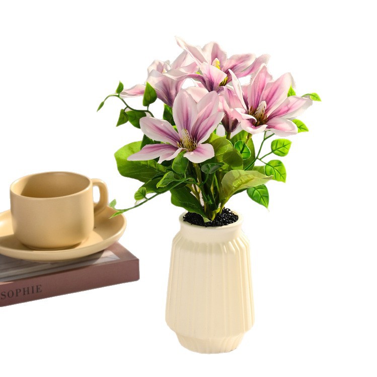 Bonsái de magnolia de cinco cabezas con estampado de seda, flor artificial para decoración del hogar y estudio, planta verde artificial, planta artificial en maceta