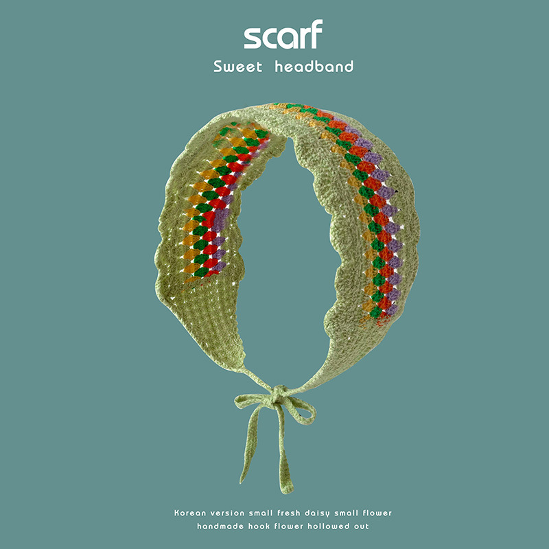 Nuevo colorido estilo étnico hecho a mano de ganchillo tejido banda de pelo de ala ancha estilo pastoral retro de las mujeres banda de pelo bolsa pañuelo sombrero