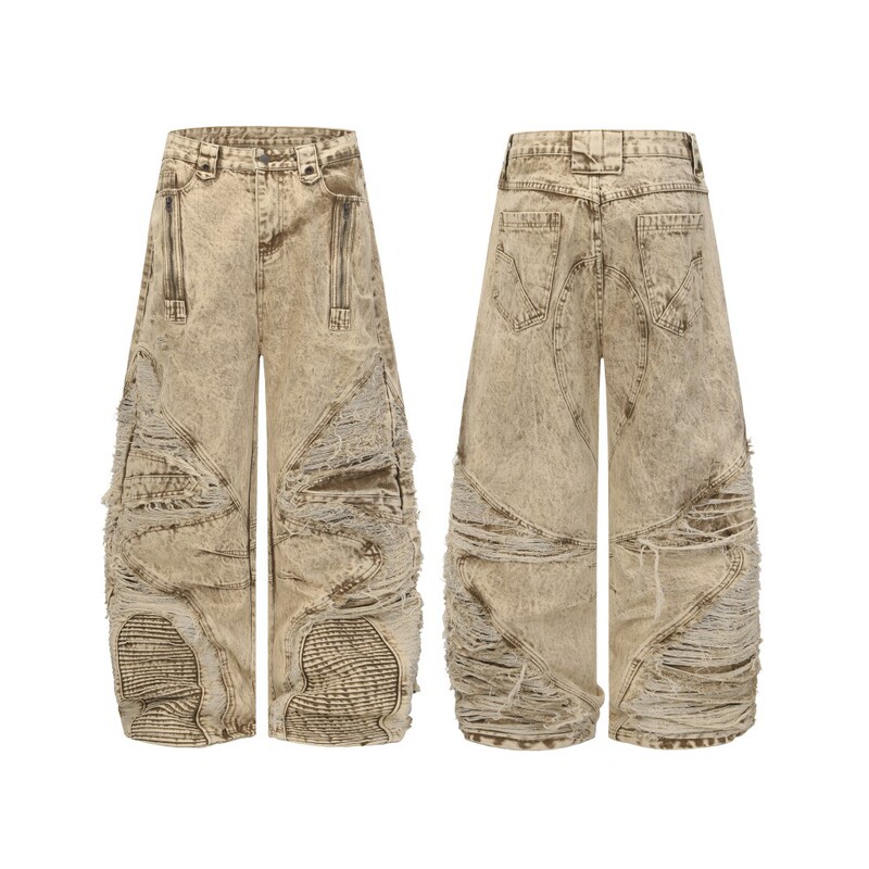 2025 New Model Scimitar Denim Pants High Street Wasteland Style Ripped Frayed Loose Slimming Washed Jeans 2025 New Model Scimitar Denim Pants High Street Wasteland Style Ripped Frayed Loose Slimming Washed Jeans