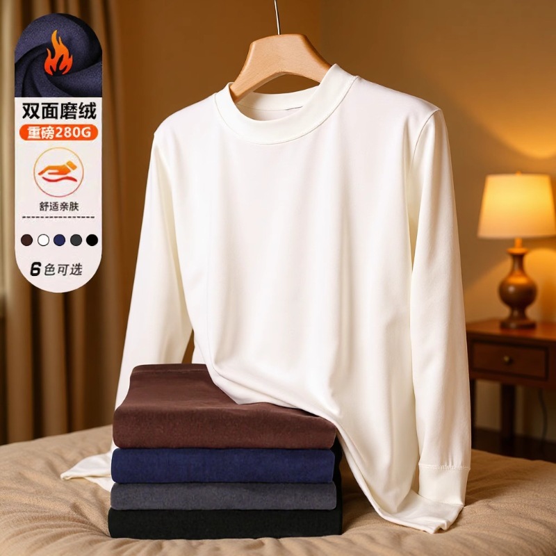 男士双面德绒发热打底衫秋冬加厚保暖长袖T恤圆领亲肤磨绒上衣