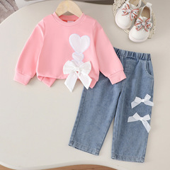 Kids clothing 2025跨境新款欧美春秋女童爱心图案卫衣牛仔长裤
