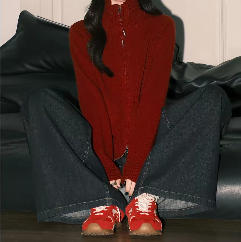 Korean-Style Super Trendy Red Double-Zipper Knitted Cardigan for Women, Winter Korean Chic High-Neck Loose Sweater Coat Korean-Style Super Trendy Red Double-Zipper Knitted Cardigan for Women, Winter Korean Chic High-Neck Loose Sweater Coat