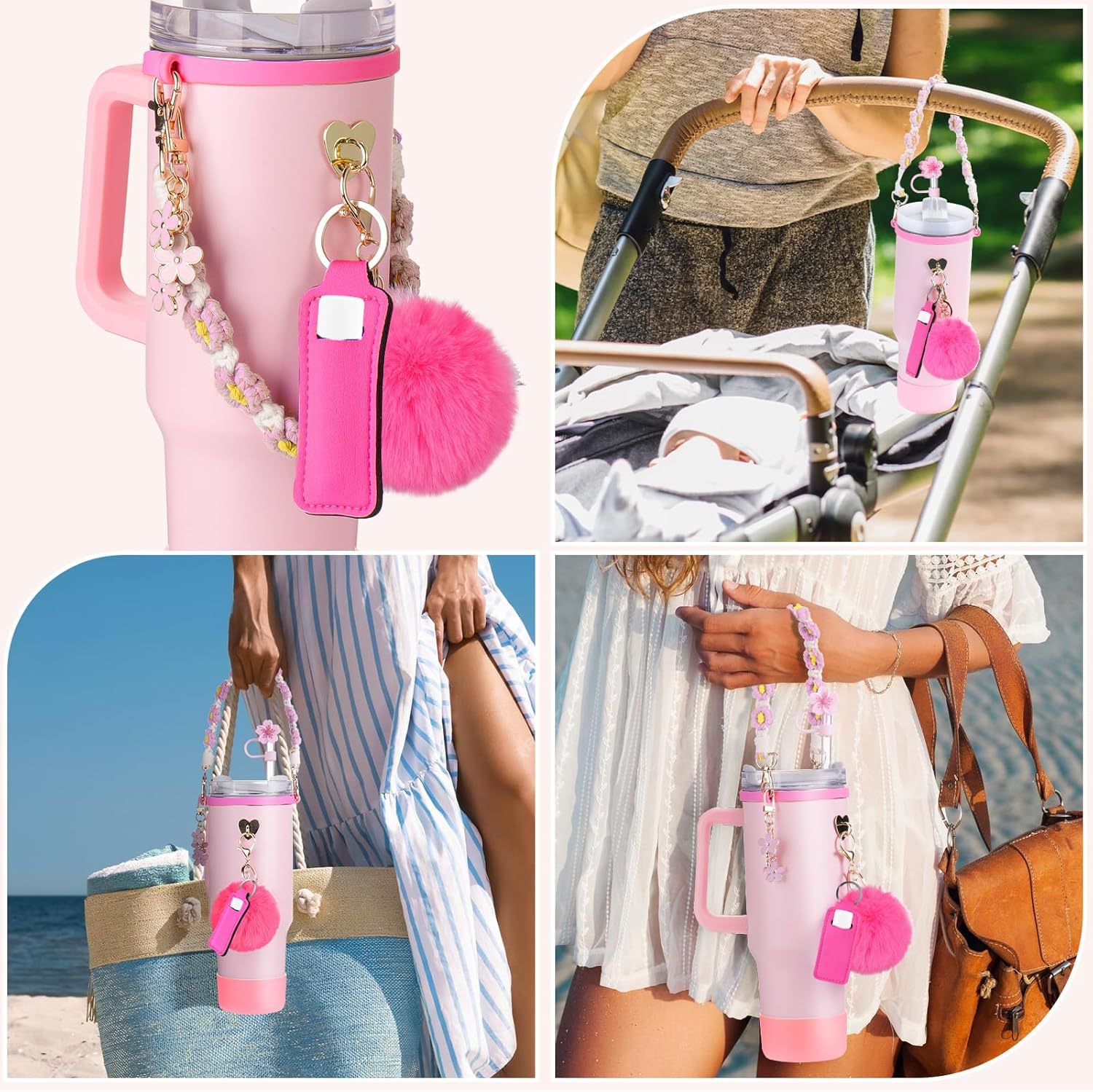 Conjunto de 8 piezas de taza Stanley colgantes Begonia gorra de paja cadena taza bolsas de lápiz labial bola de lana flor tapones de polvo