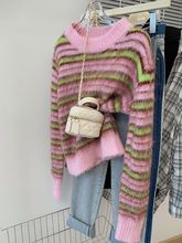 UNMUN撞色条纹马海毛毛衣女秋冬设计感复古慵懒风小个子短款针织