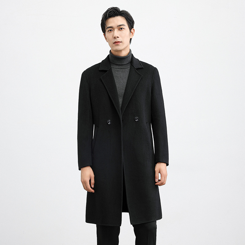 남자 울 양면 트위드 코트 가을과 겨울 새로운 다운 세트 칼라 비즈니스 트렌치 코트 중간 길이의 트위드 코트