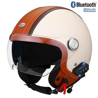 Motosiklet kaskı (dəbilqə) — certification helmet female male double - brown-and-white-short-outside-and-tea-inside-bluetooth-m