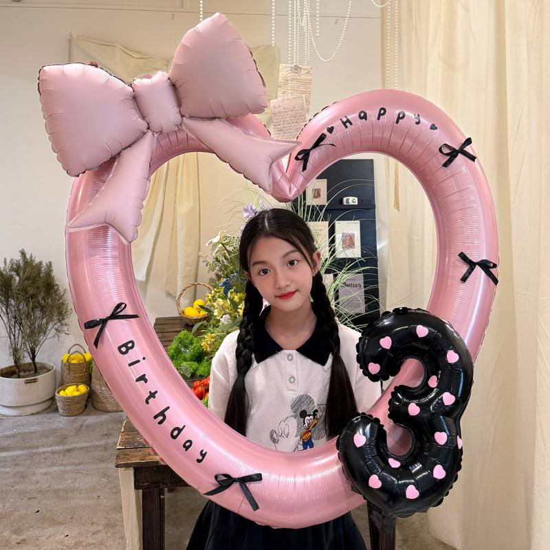 Ins Bow Heart Hook with Digital Balloon Photo Frame Birthday Party Photo Atmosphere Decoration Props