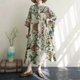 2025夏季新款气质文艺复古棉麻印花立领宽松超长大码度假连衣裙