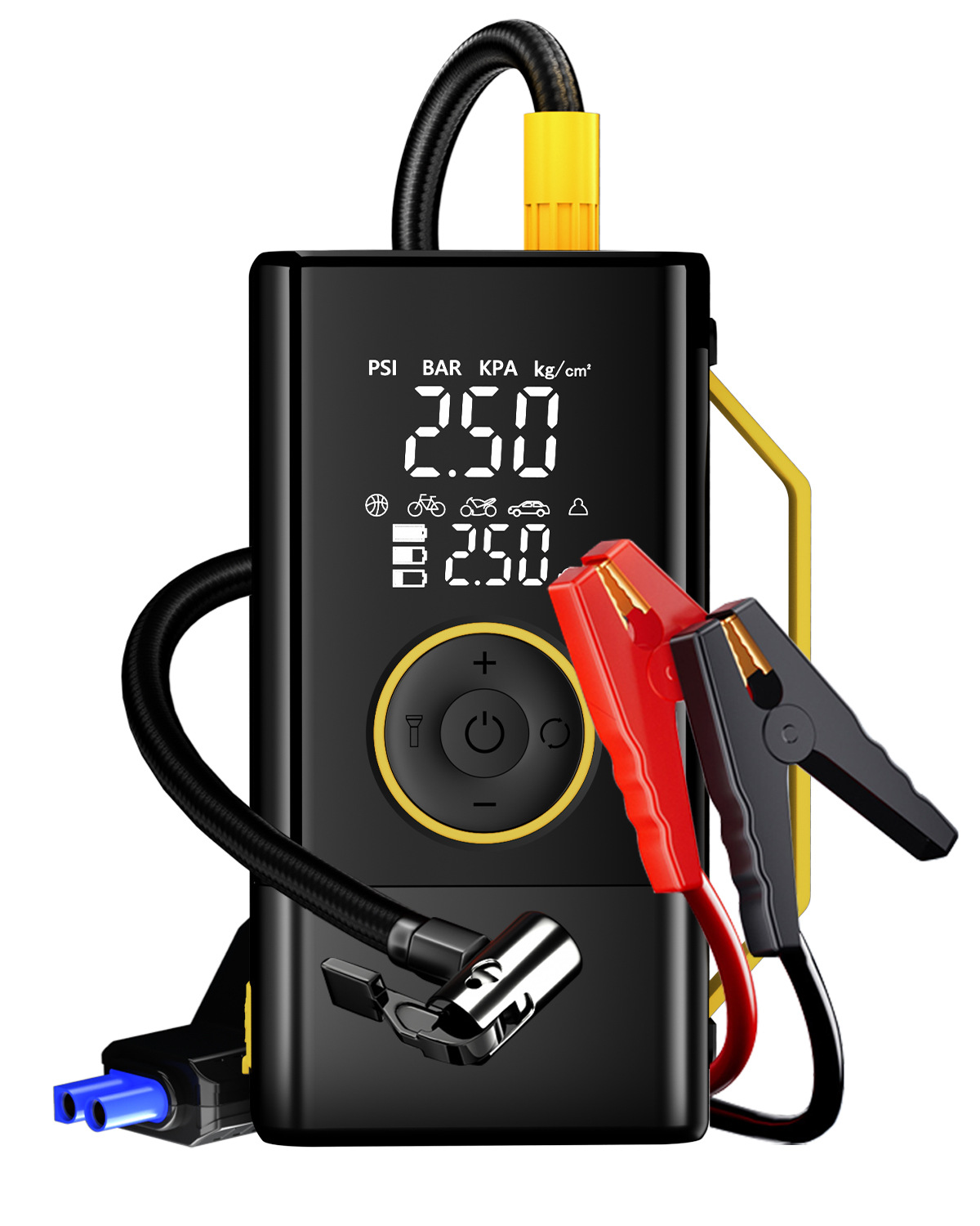 Intelligent digital display car wireless air pump all-in-one device with power bank, portable lighting, and car backup power source
