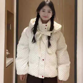 甜美波点短款面包服棉衣冬季加厚新款蝴蝶结连帽小个子棉服外套女