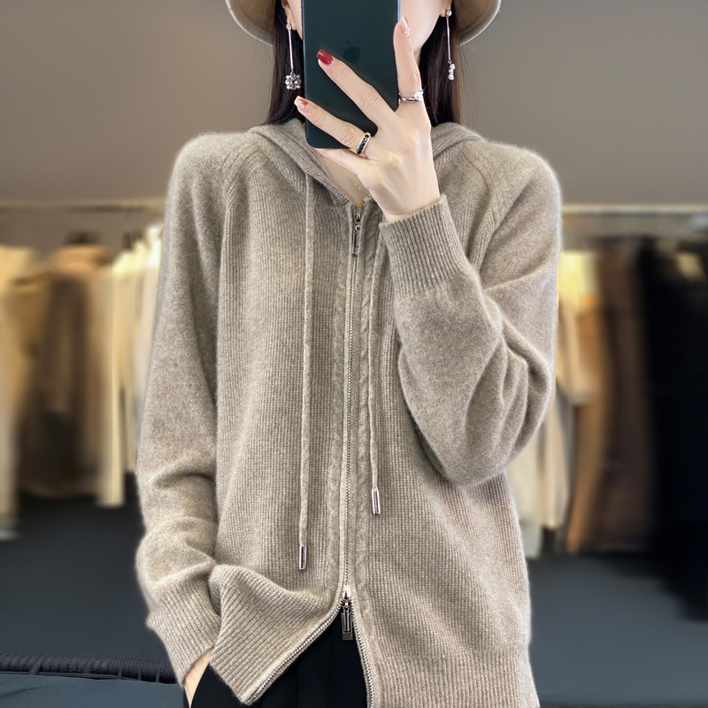 2024 Women's Autumn and Winter Hoodie Double Zipper Hooded Sweater Jacket Knit Cardigan High-Quality Texture