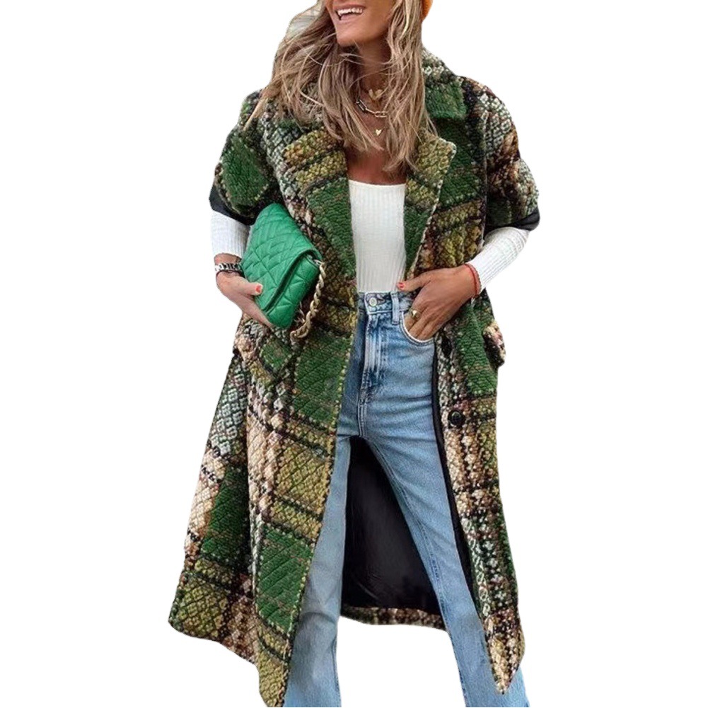 Abrigo Largo de Lana Estampado para Mujer Y9312 de Malla con Solapa para Otoño e Invierno image 1