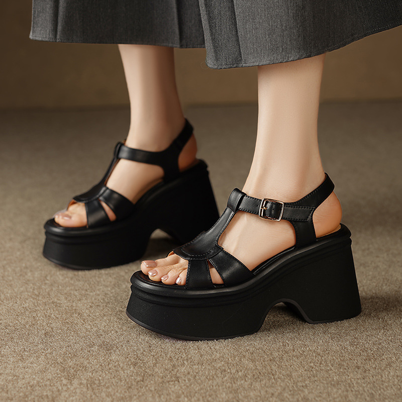 Sandal nữ đế nêm da thật phong cách La Mã hở mũi, gót 10 cm — đen, màu nâu sẫm