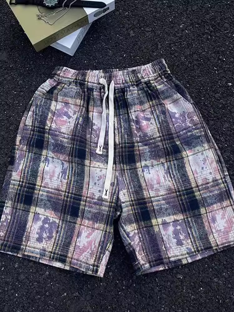 Herren Shorts Mit Karomuster Und Batik Design Vintage Style_voghion.com