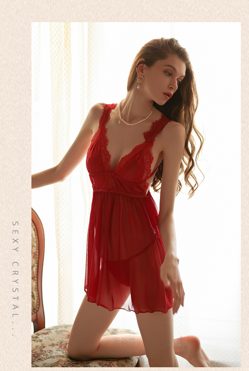 Wine-Red Lace Mesh Babydoll Nightgown with Short Skirt Design, See-Through Wholesale Lingerie — detail image 10