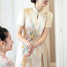 欧美真丝连衣裙女洋气显瘦时尚收腰开叉旗袍妈妈装夏季轻奢婚宴裙