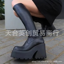 Demonia 欧美女式长靴2022冬季弹力皮面粗跟高筒靴女外贸骑士靴女