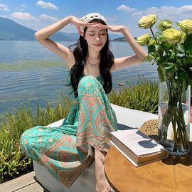 实拍波西米亚度假印花小吊带松紧高腰宽松休闲长裤套装