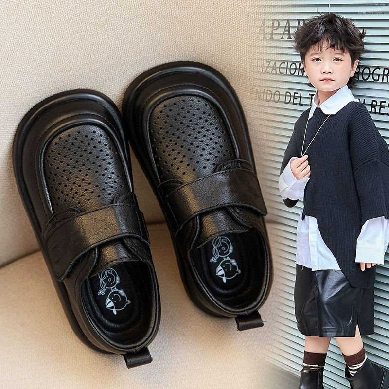 Весенние и осенние детские черные полые сандалии выступления студентов кожаные мягкие подошвы липучки для мальчиков кожаные ботинки для девочек кожаные сандалии