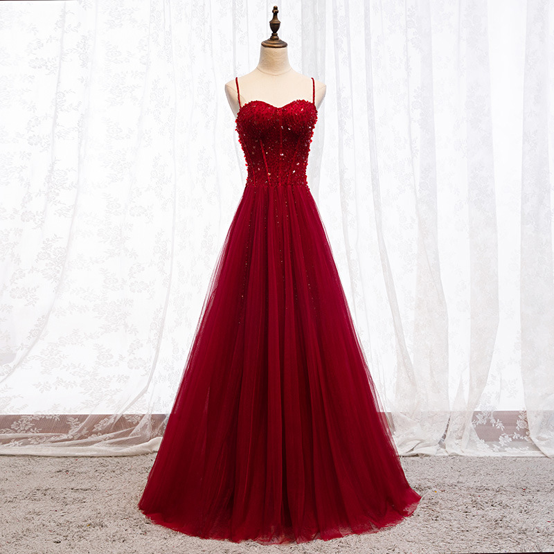 Bridal Toast Wear 2024 New Summer Red Suspender Engagement Gauze Long Wedding Banquet Evening Dress