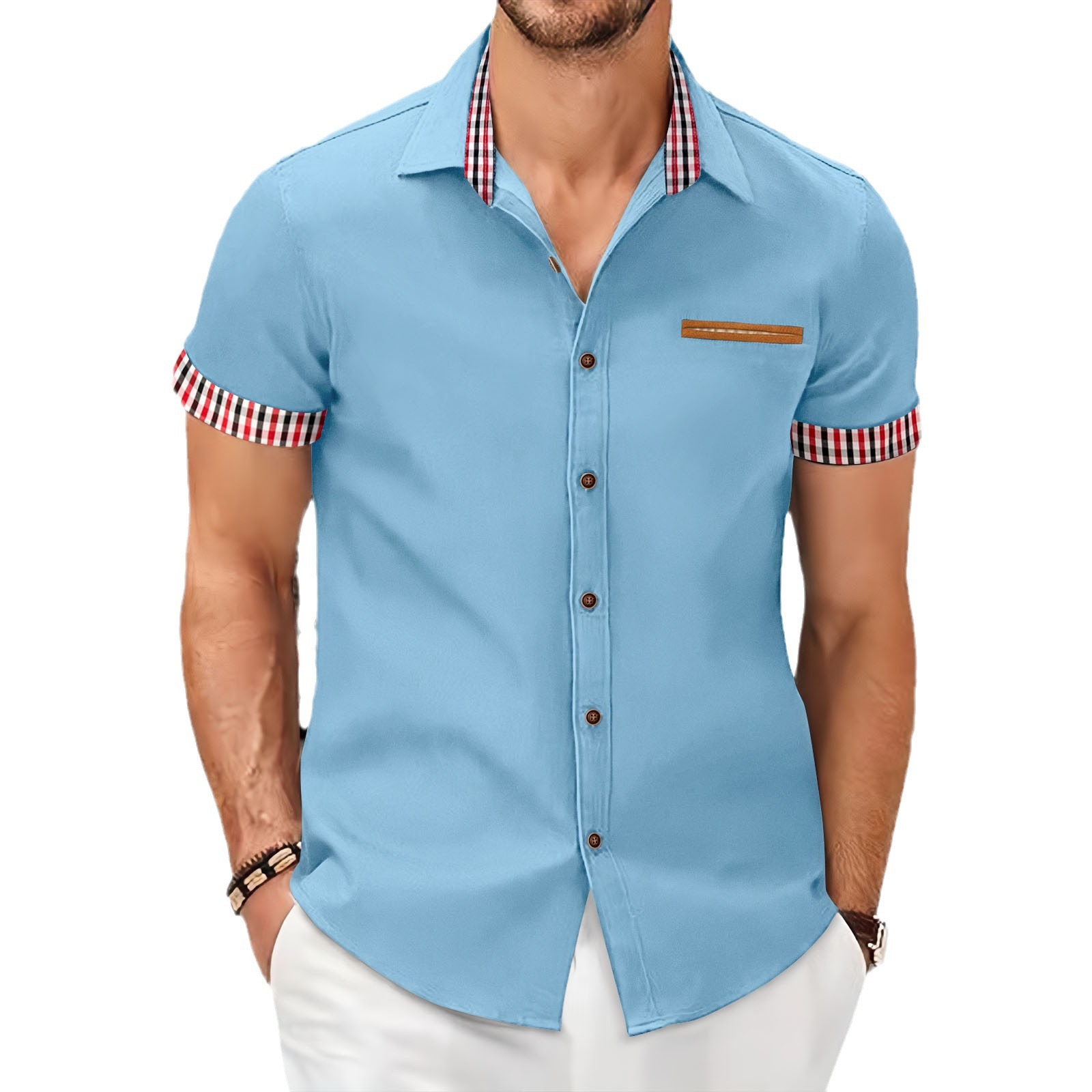 Camicia da uomo a maniche corte in cotone, nuova moda estiva, camicia da uomo a quadri, vestibilità slim, casual, a maniche corte_voghion.com