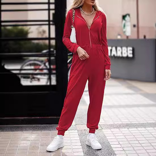En stock deseo estación independiente 2023 Amazon Venta caliente nueva manga larga con capucha cremallera casual deportes jumpsuit mujeres